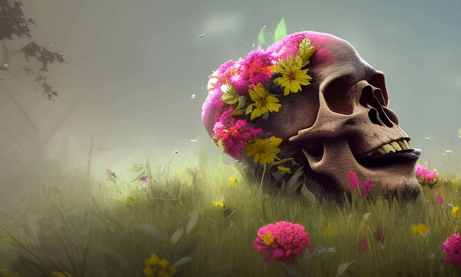 Detailed Skull with Flowers, Art Nouveau Style