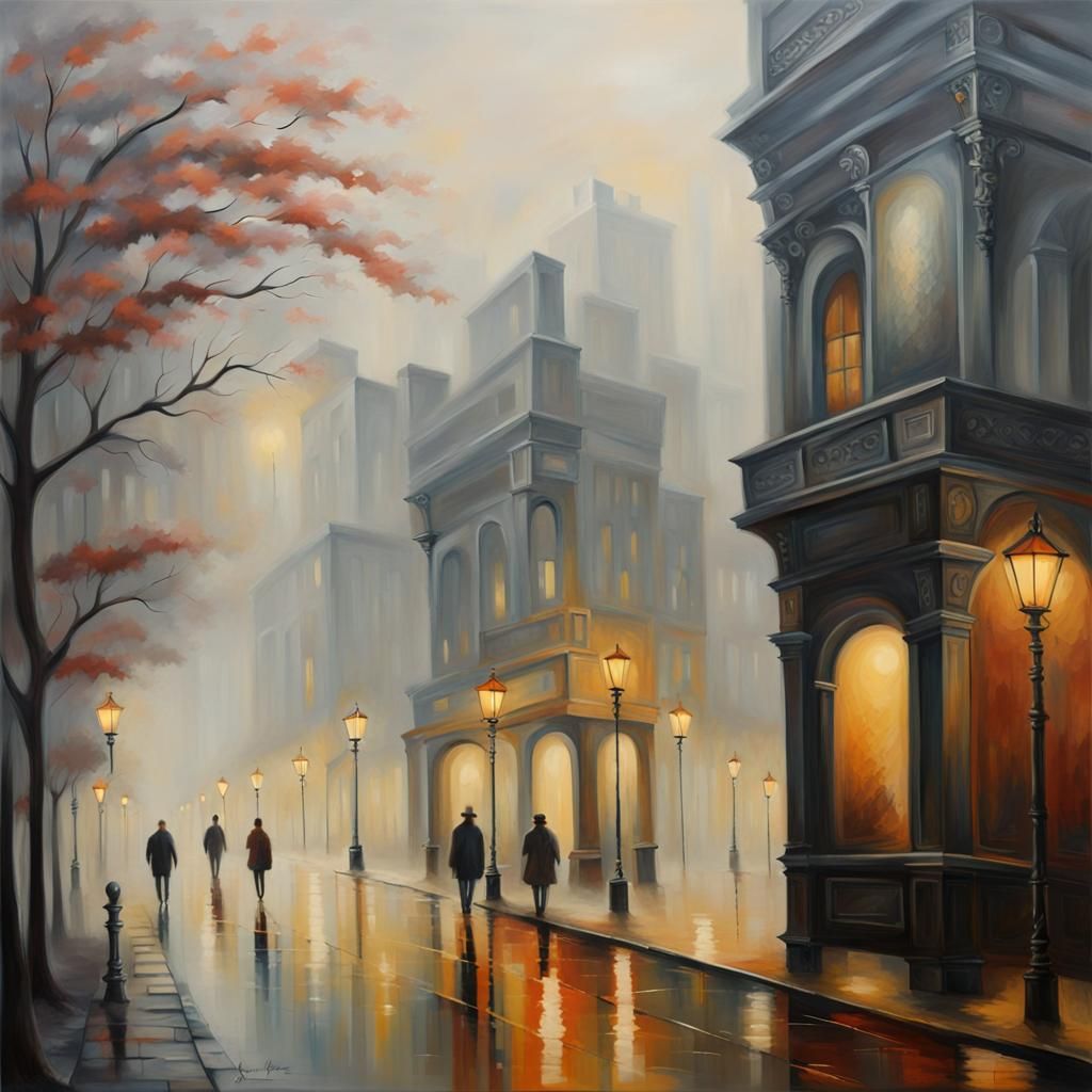 a city street on a foggy day