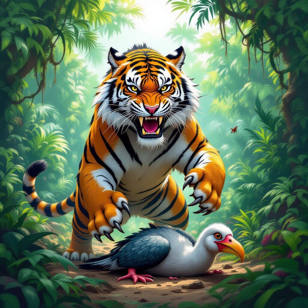 Sabertooth Tiger Triumphant Over Dodo in Jungle