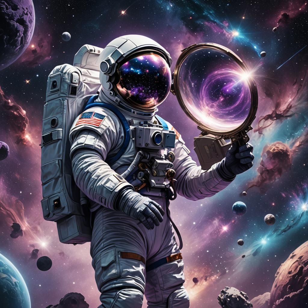 Astronaut Examines Galaxy with Magnifying Glass
