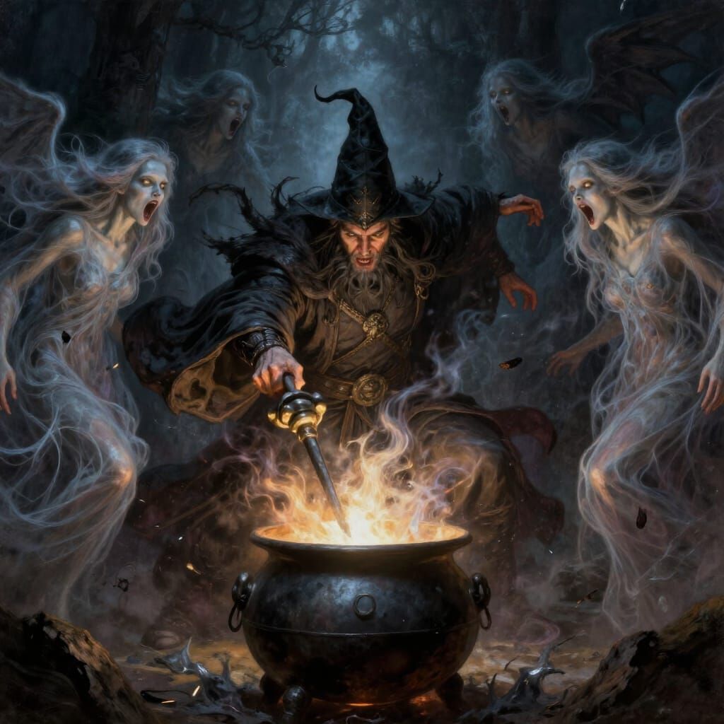 Wizard Warlocks Battle Over Smoking Cauldron