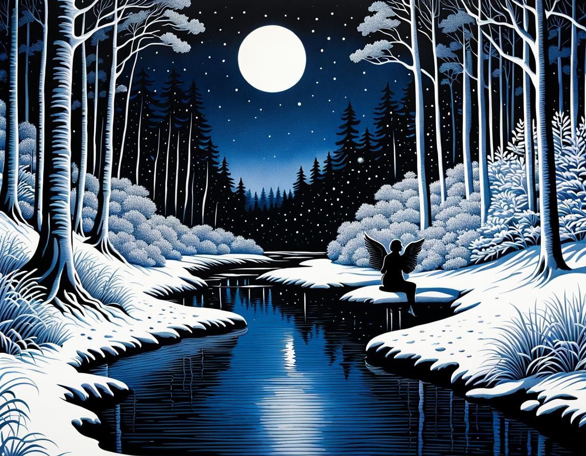 Monochromatic Angel in Snowy Forest Ink Stippling