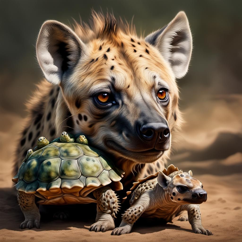 Hyena Balances Smiling Turtle in Wildlife Portrait
