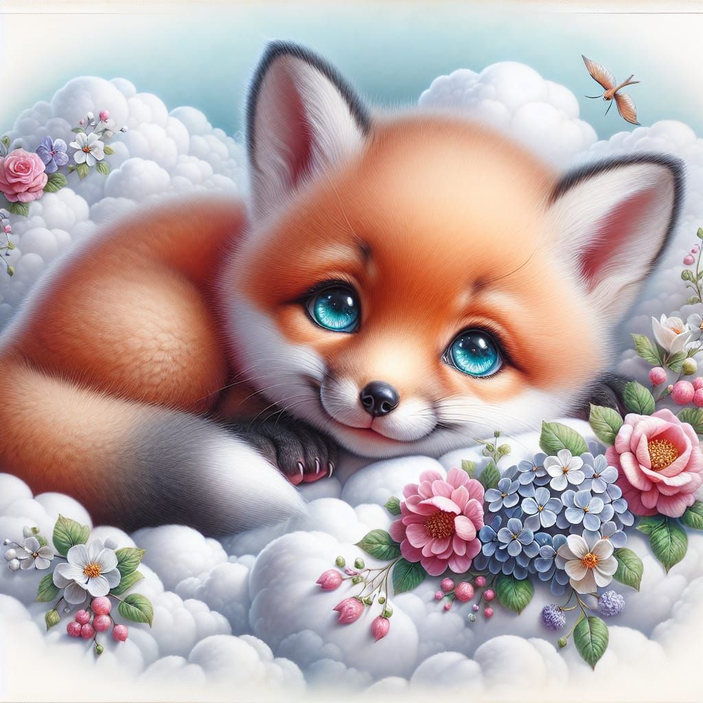 Cute Baby Fox Yawning on a Cloud with Flowers