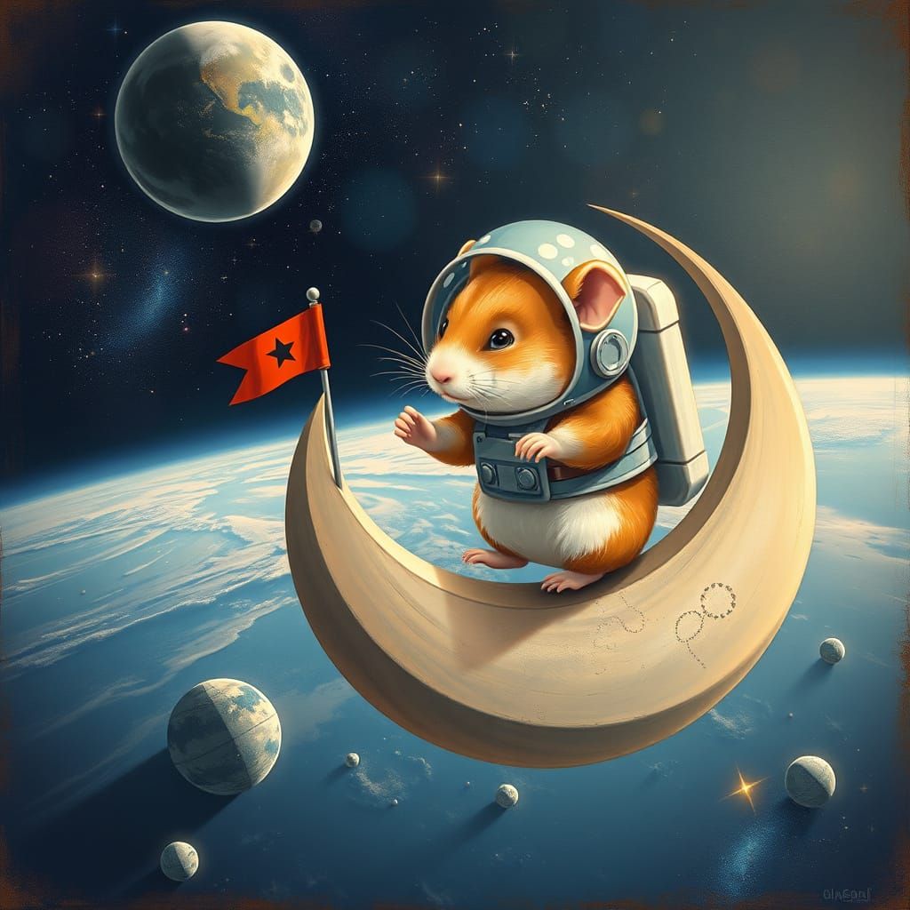Astronaut Hamster Plants Flag on the Moon