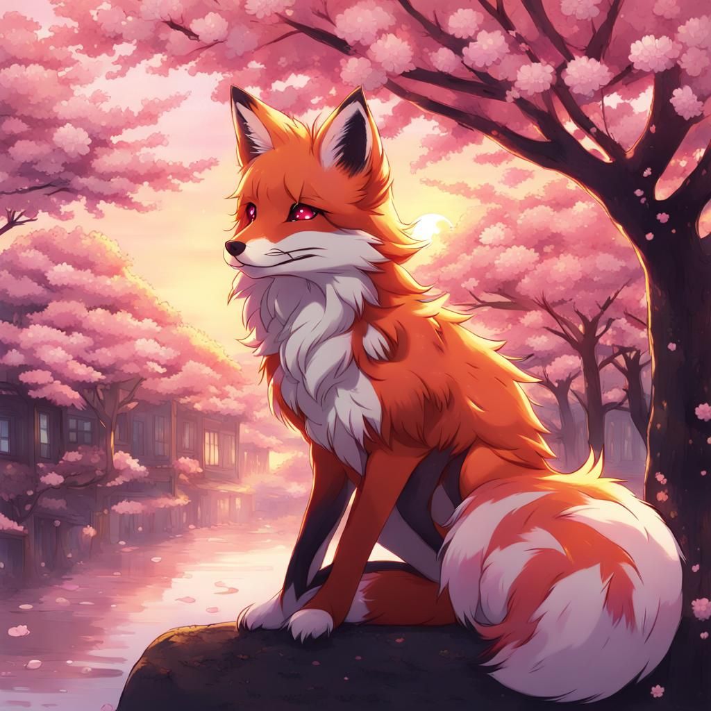 Sunset Fox in Cherry Blossom Anime Style