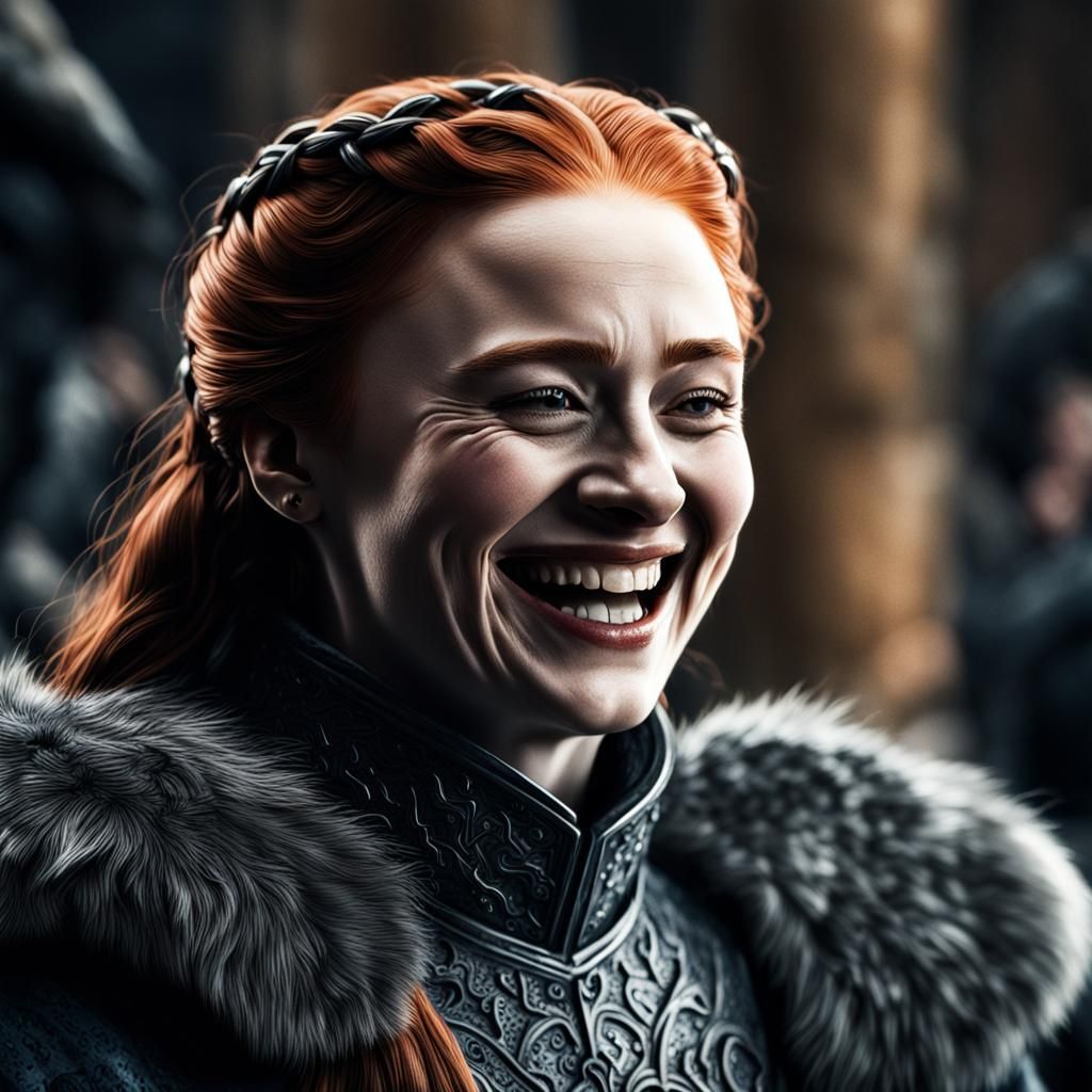 Sansa Stark Laughing: Hyperrealistic Close-Up Portrait