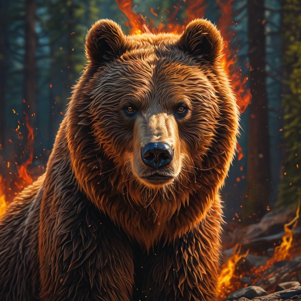 Fiery Grizzly Bear in Hyperrealistic Splash Art