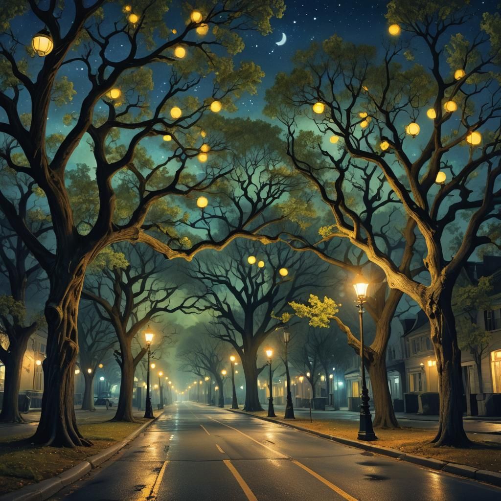 Surreal Ancient Oak Trees Illuminate a Dreamlike Street