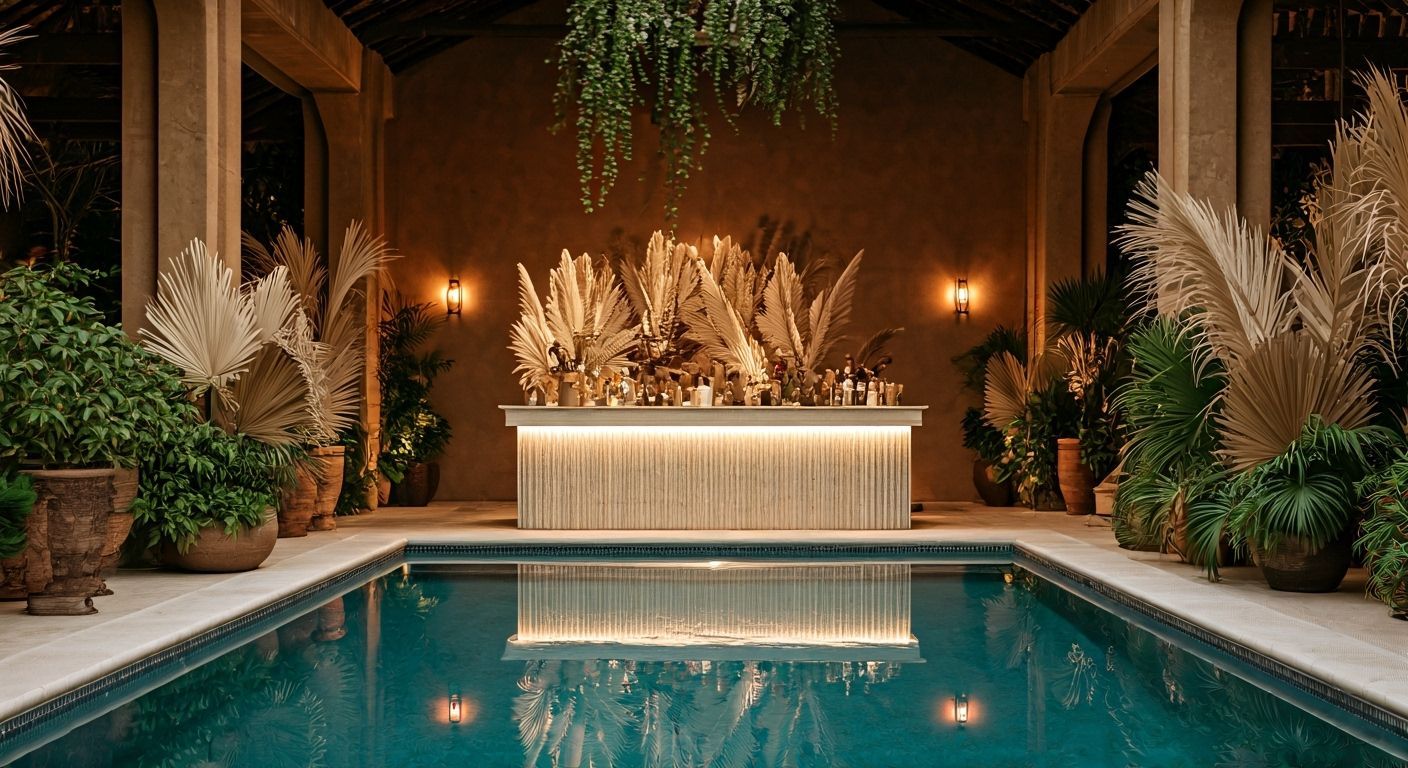 Luxurious Boho Chic Pool Room with Grand Staircase