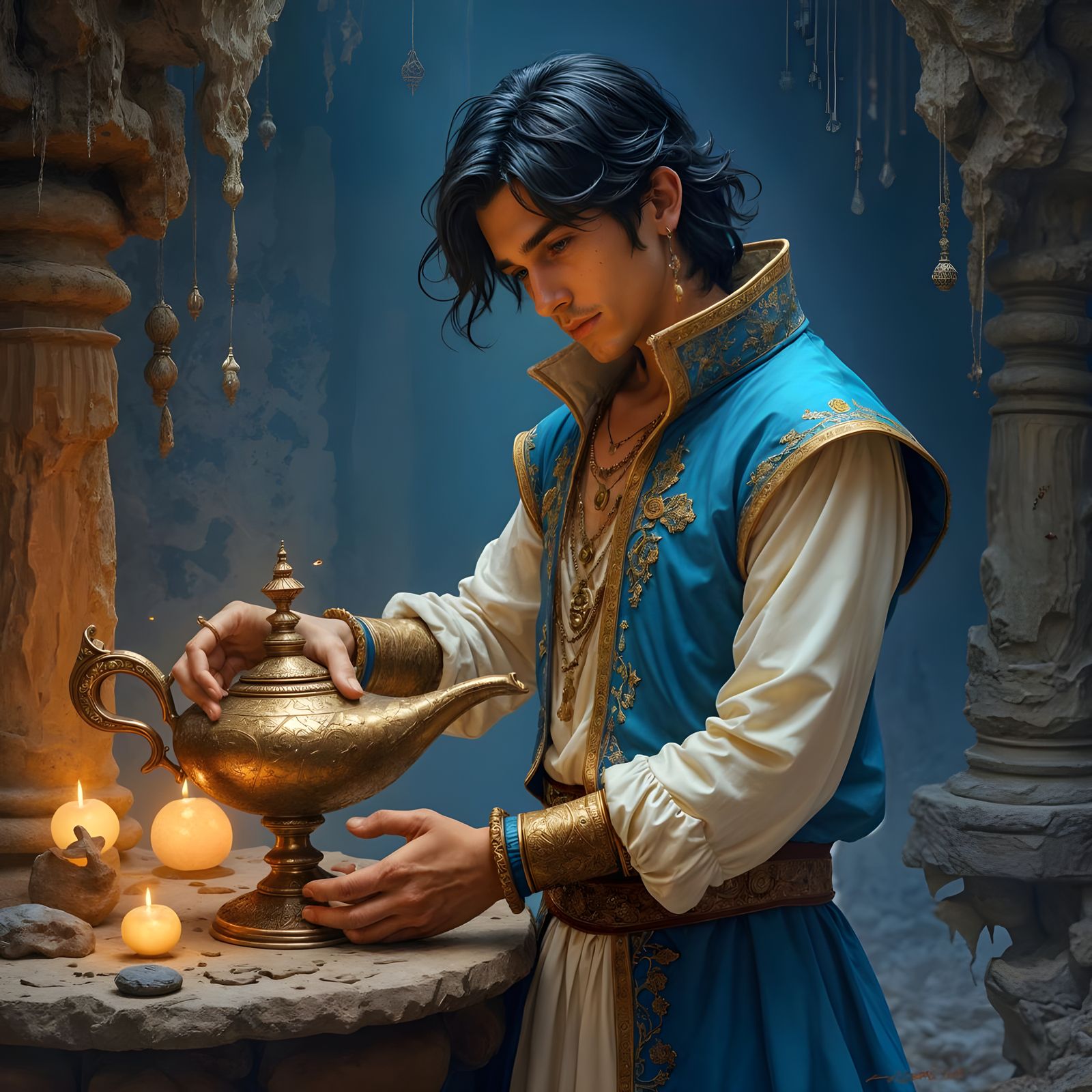 Gouache Cave of Wonders with Intricate Aladdin Figure