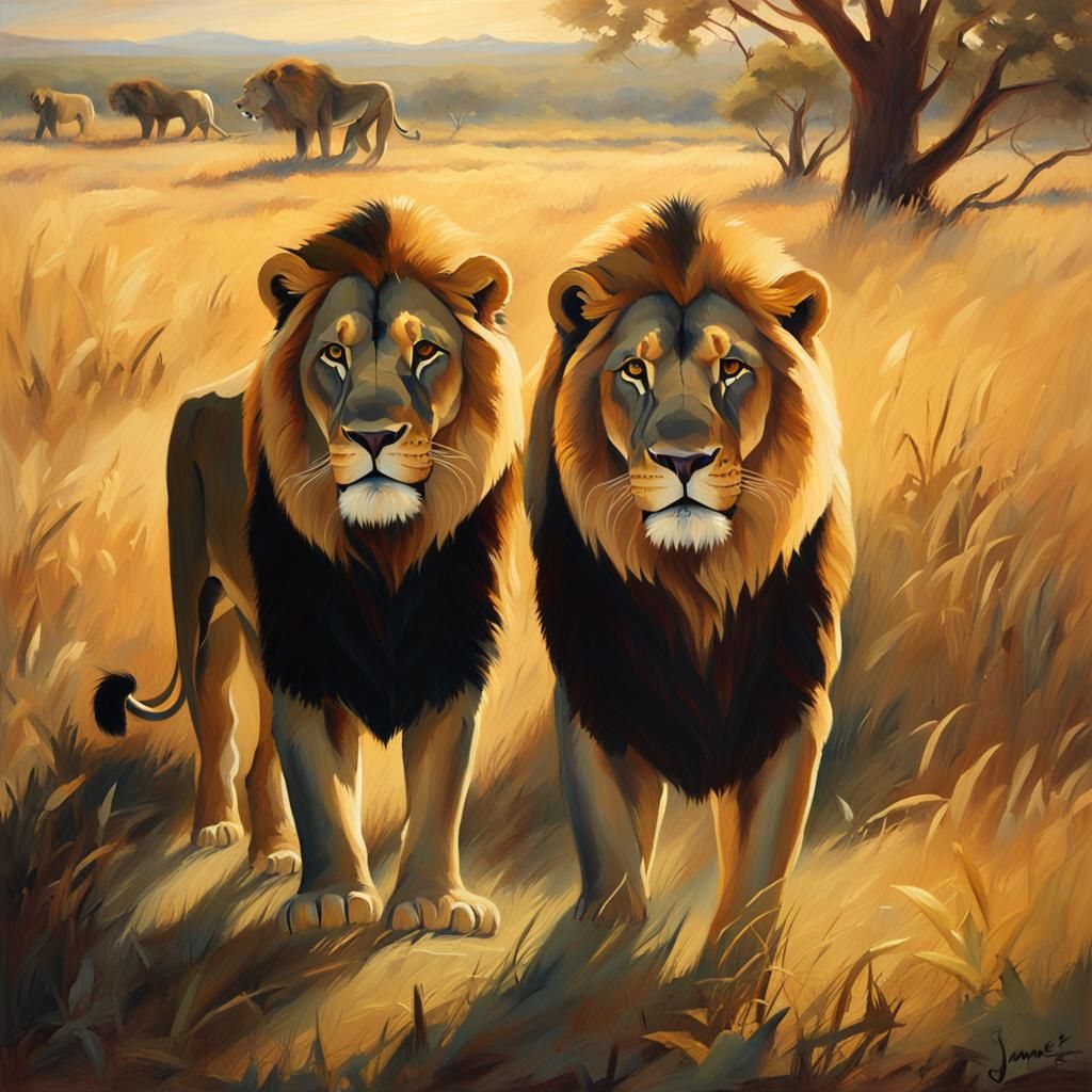 Savannah Lions in Golden Light: A Wildlife Oil Painting