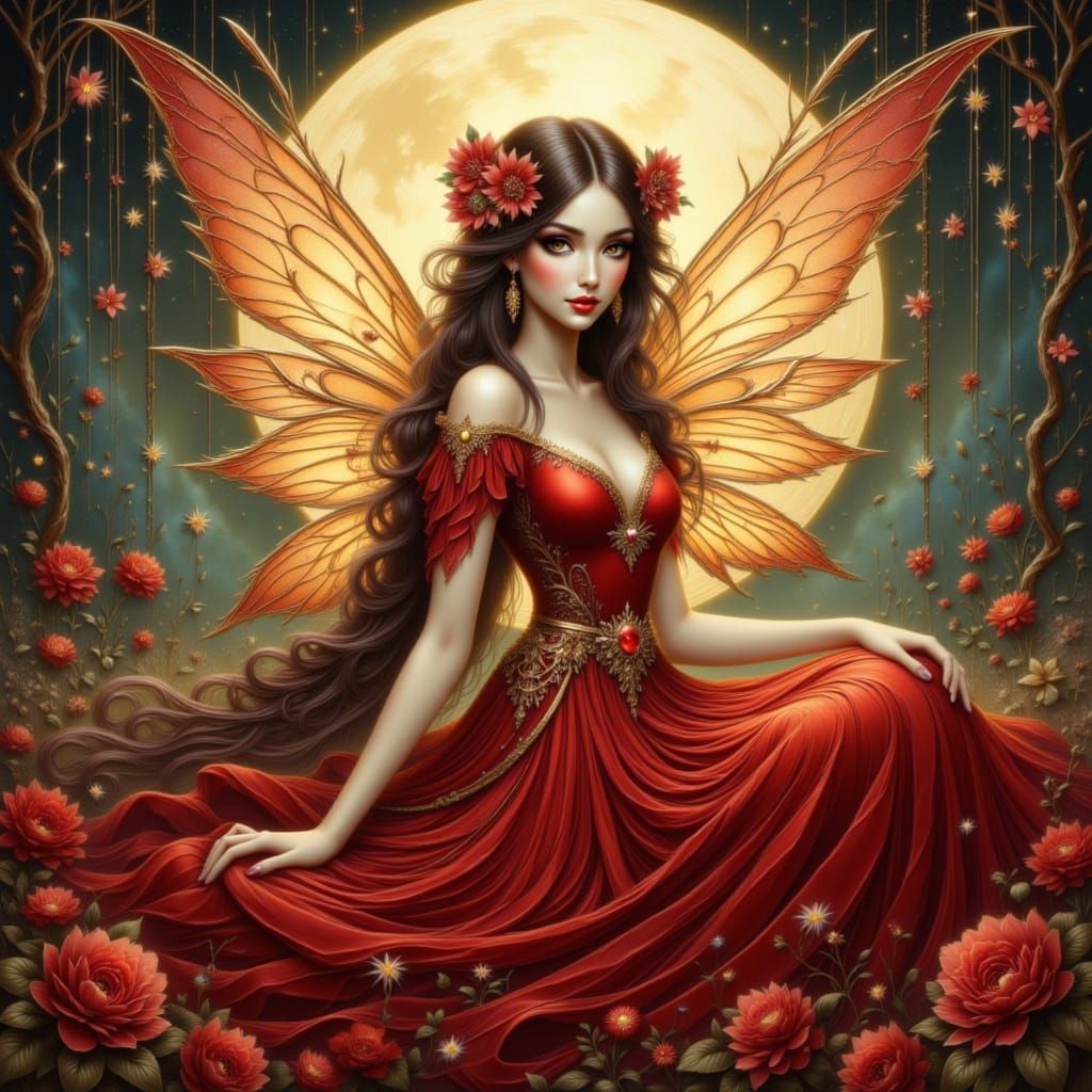 Ethereal Fairy in Crimson Gown Under Full Moon