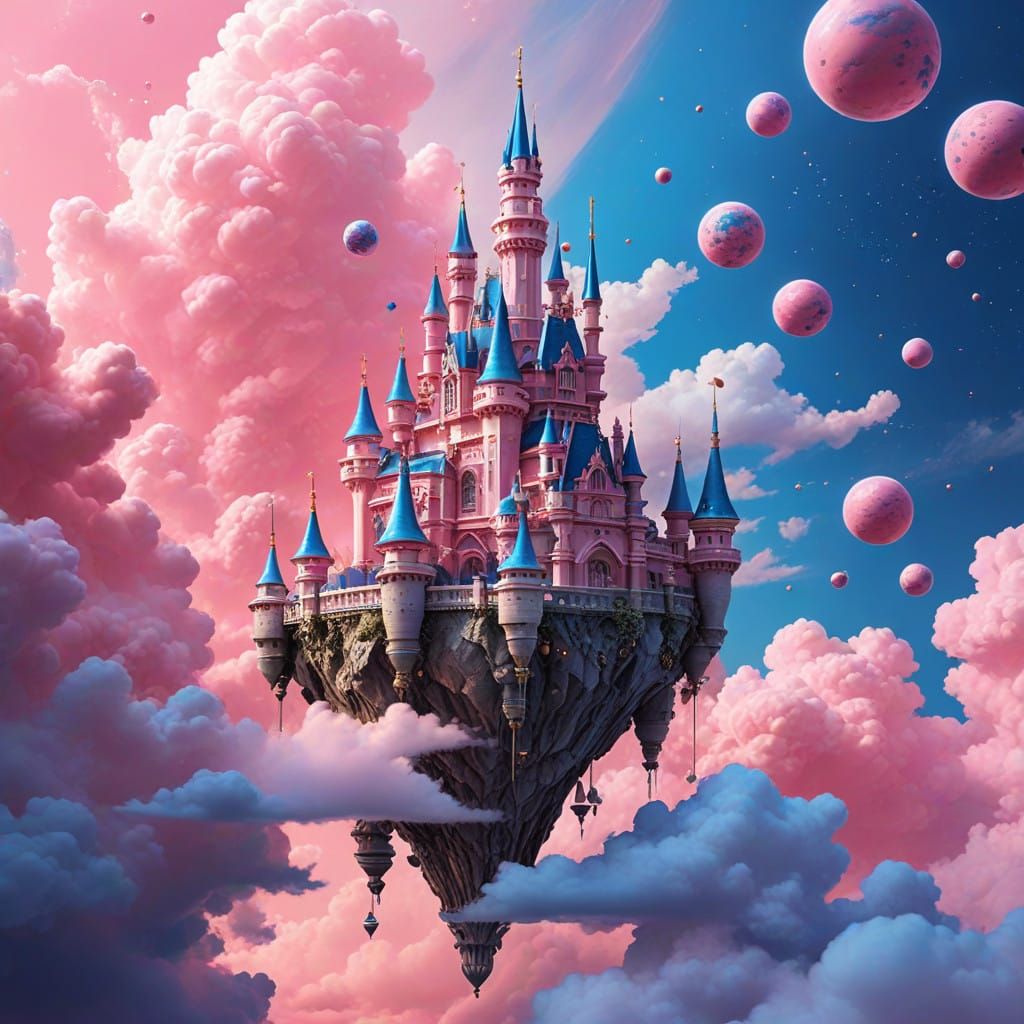 Miniature Pink Castle Soars in Celestial Dreamscape
