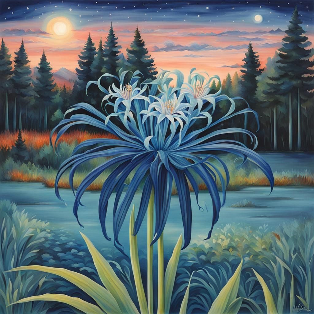 Blue Spider Lily in Primitivism Majolica Style