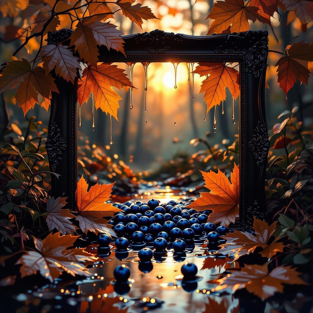 Hyperrealistic Autumn Leaves with Blueberries in Golden Hour...