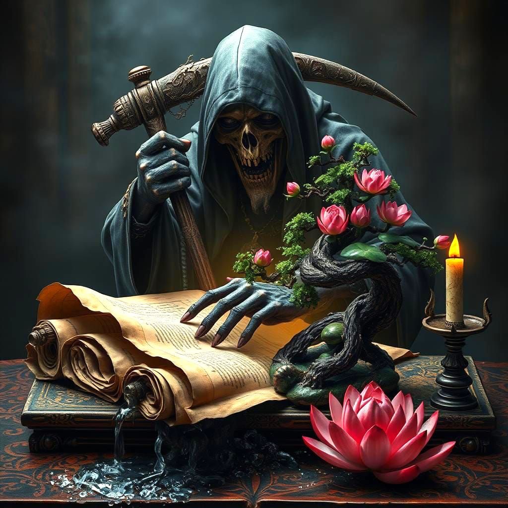 Reaper of Death Emerges from Ancient Scroll