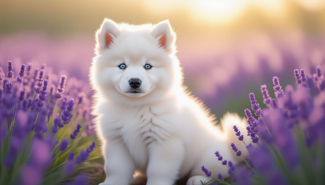 Samoyed Puppy in Lavender Field as Colored Pencil Art