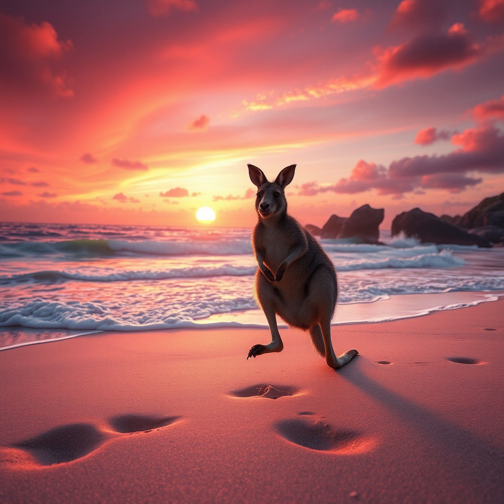 Kangaroo's Joyful Leap on a Sunset Beach