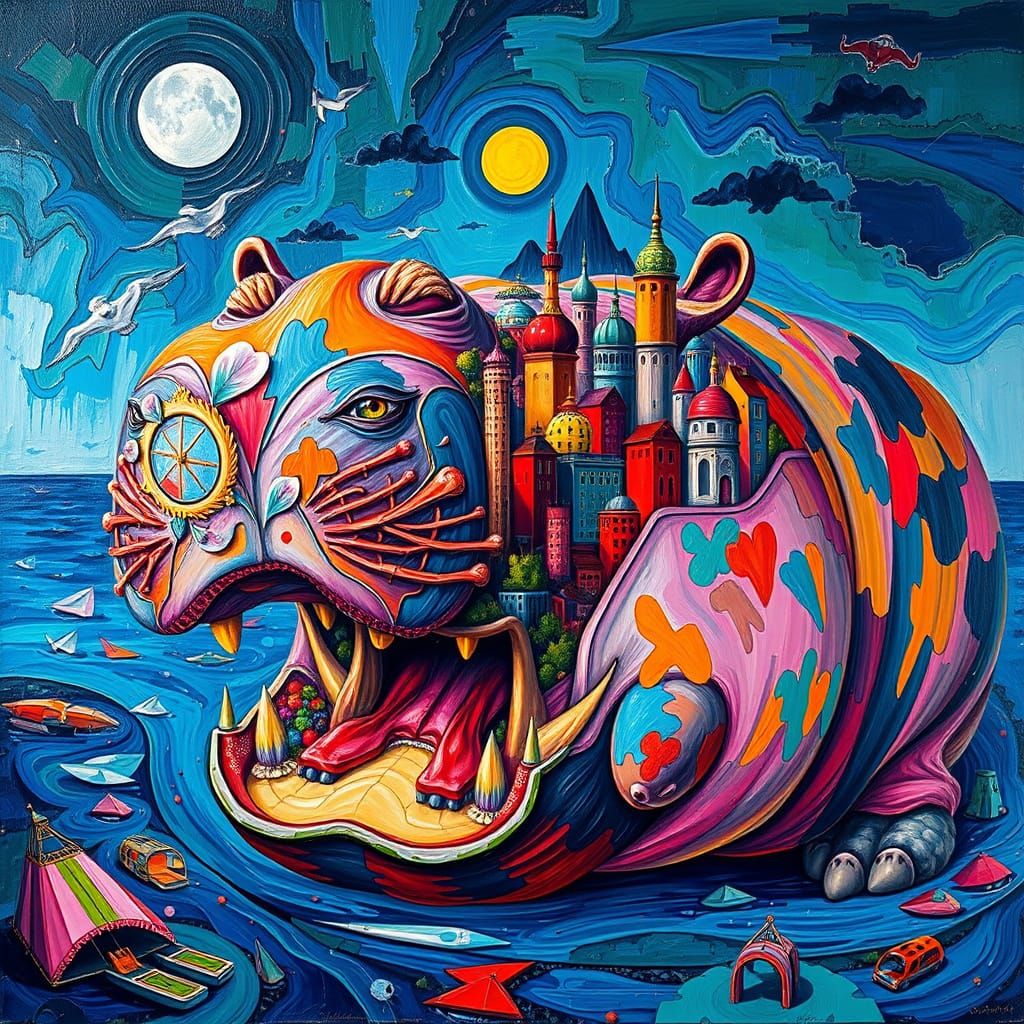 Vibrant Cityscape Inside a Hippo in Oil Painting Style
