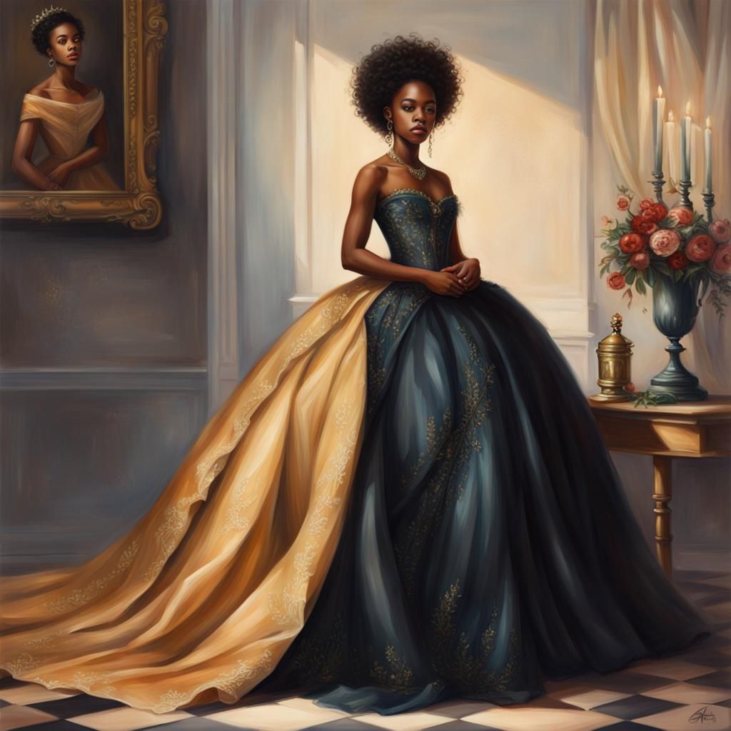 Elegant Black Queen in Ballgown Portrait