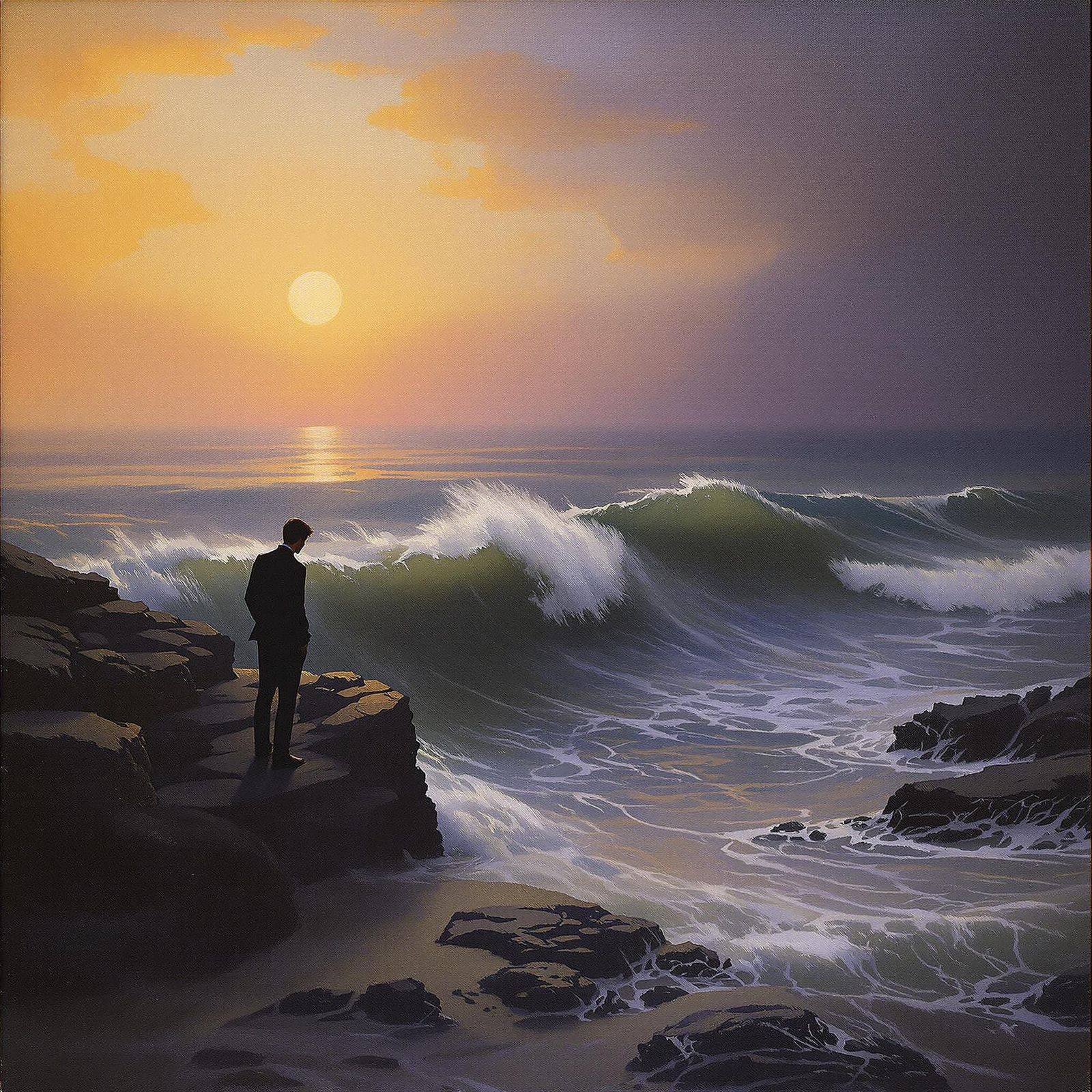 Romantic Oil Painting: Man Contemplating the Waves