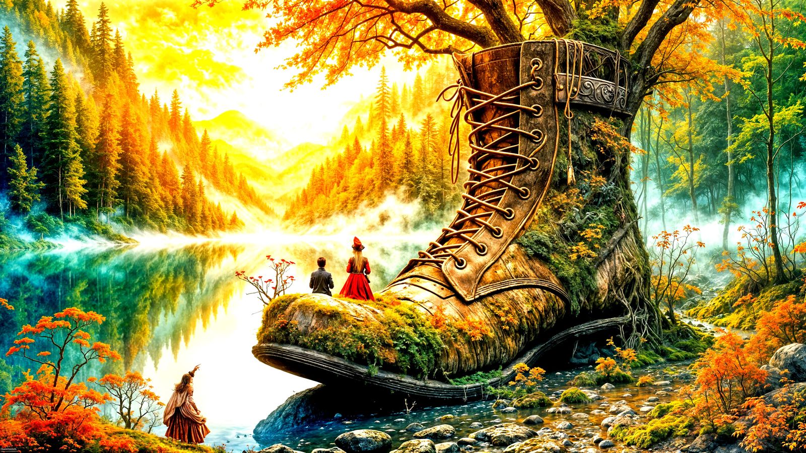 Gnomes in a Boot Home on Misty Lake, Impressionistic Style