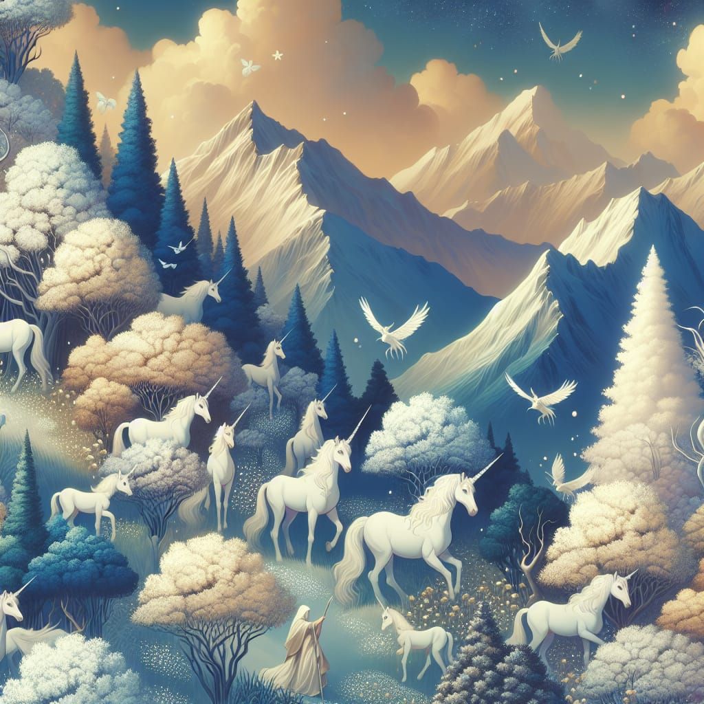 Magical Mountain Scene with Unicorns and Elves
