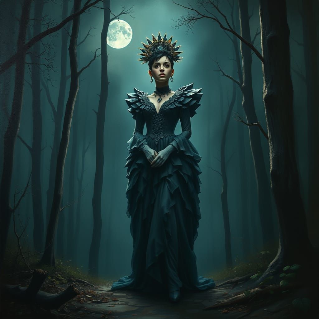 Ethereal Woman in Moody Forest: Oil Painting