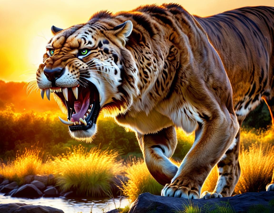 Prehistoric Smilodon Hissing in Golden Hour Light
