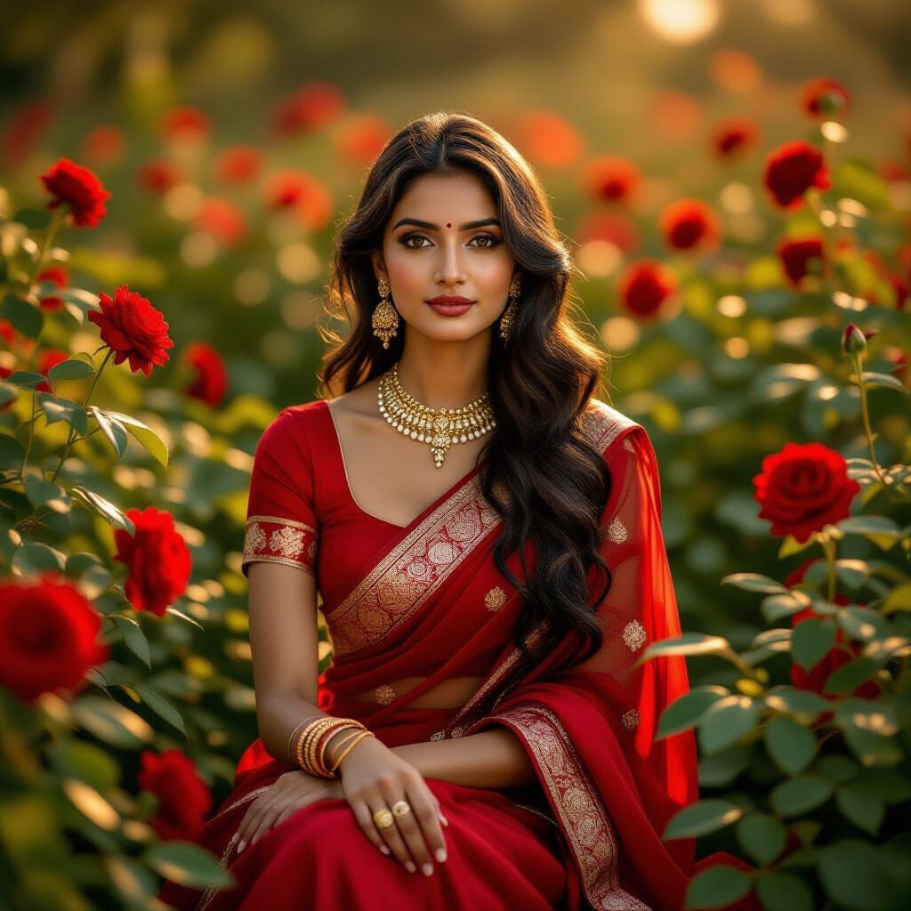 Indian Woman in Rose Garden, Painterly Style