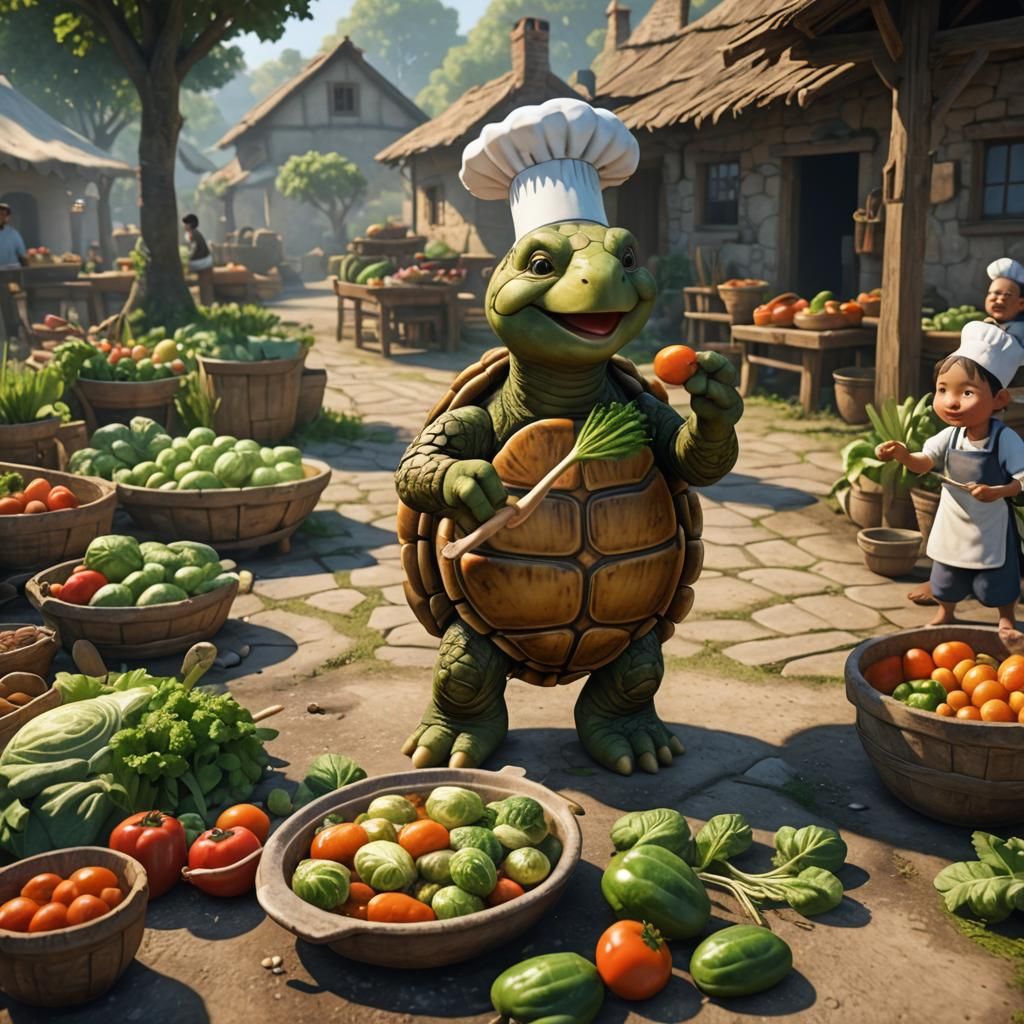 Happy Turtle Chef Prepares Vegetable Soup