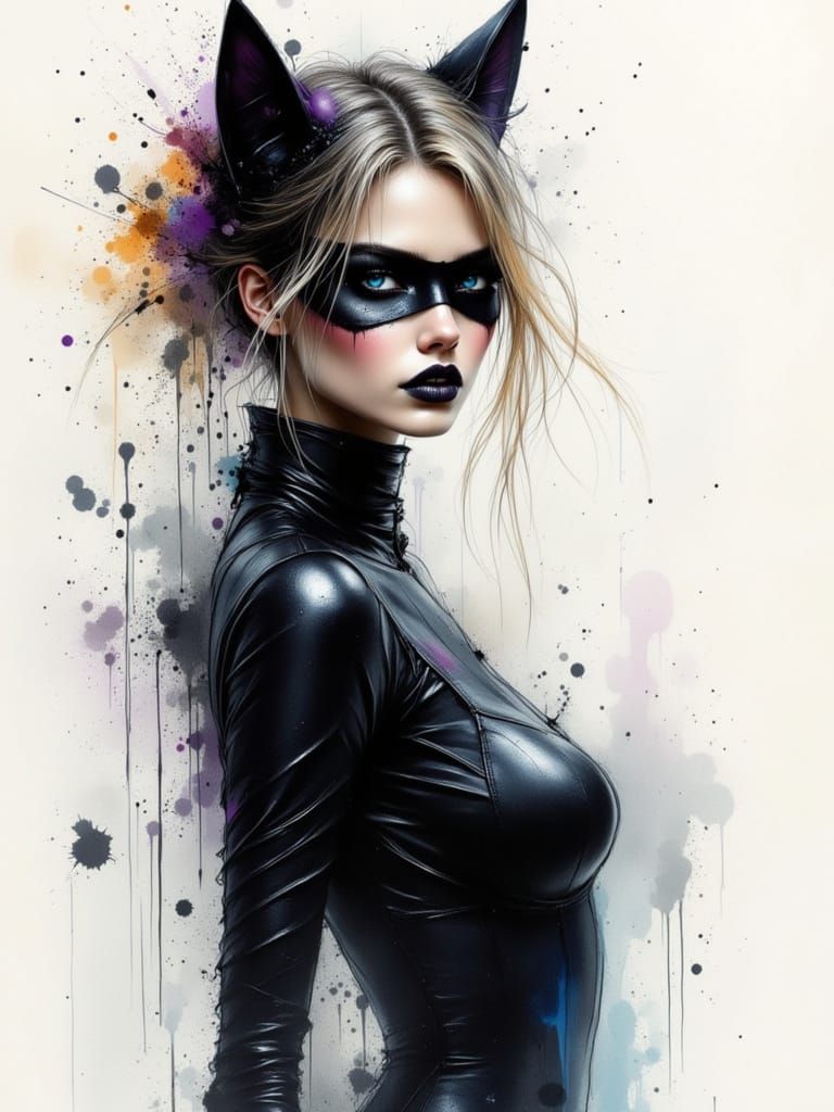 Catwoman in Bohemian Watercolor Style