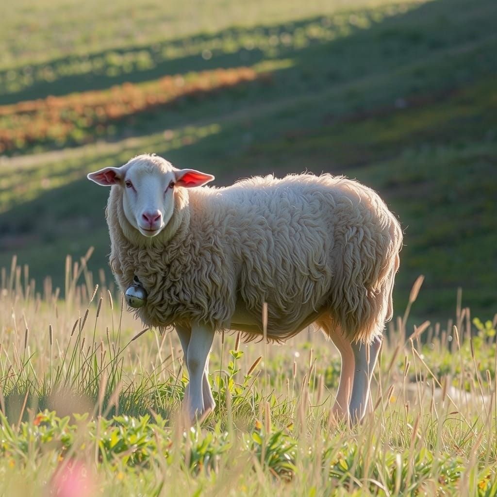 Anxious Sheep in Sunlit Meadow, Rustic Style