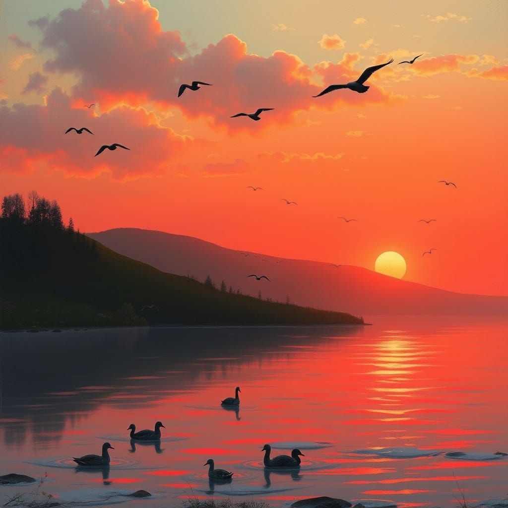 Sunrise Landscape with Birds, in Impressionistic Style