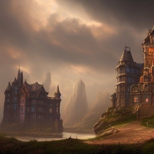 Victorian Castle in Clouds: Detailed Matte Painting