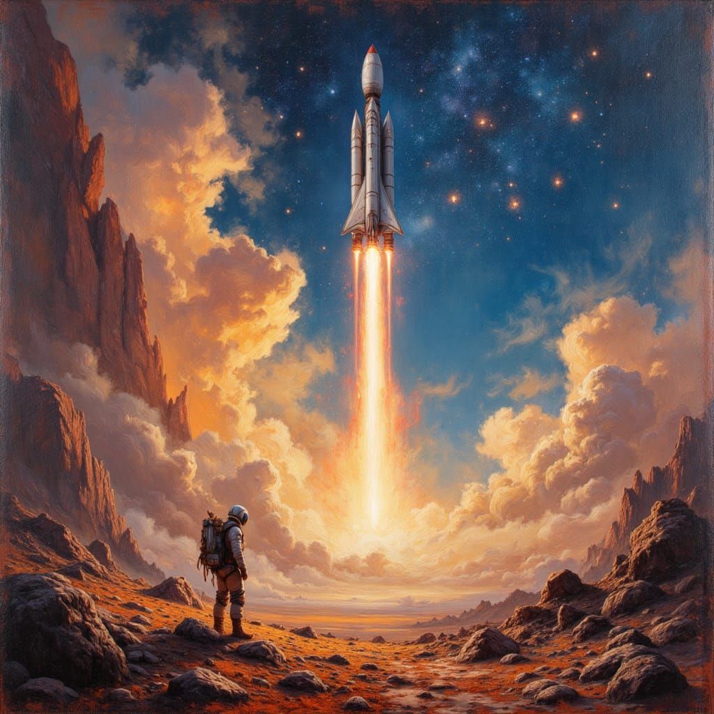 Astronaut's Farewell: Oil Painting of Rocket Launch