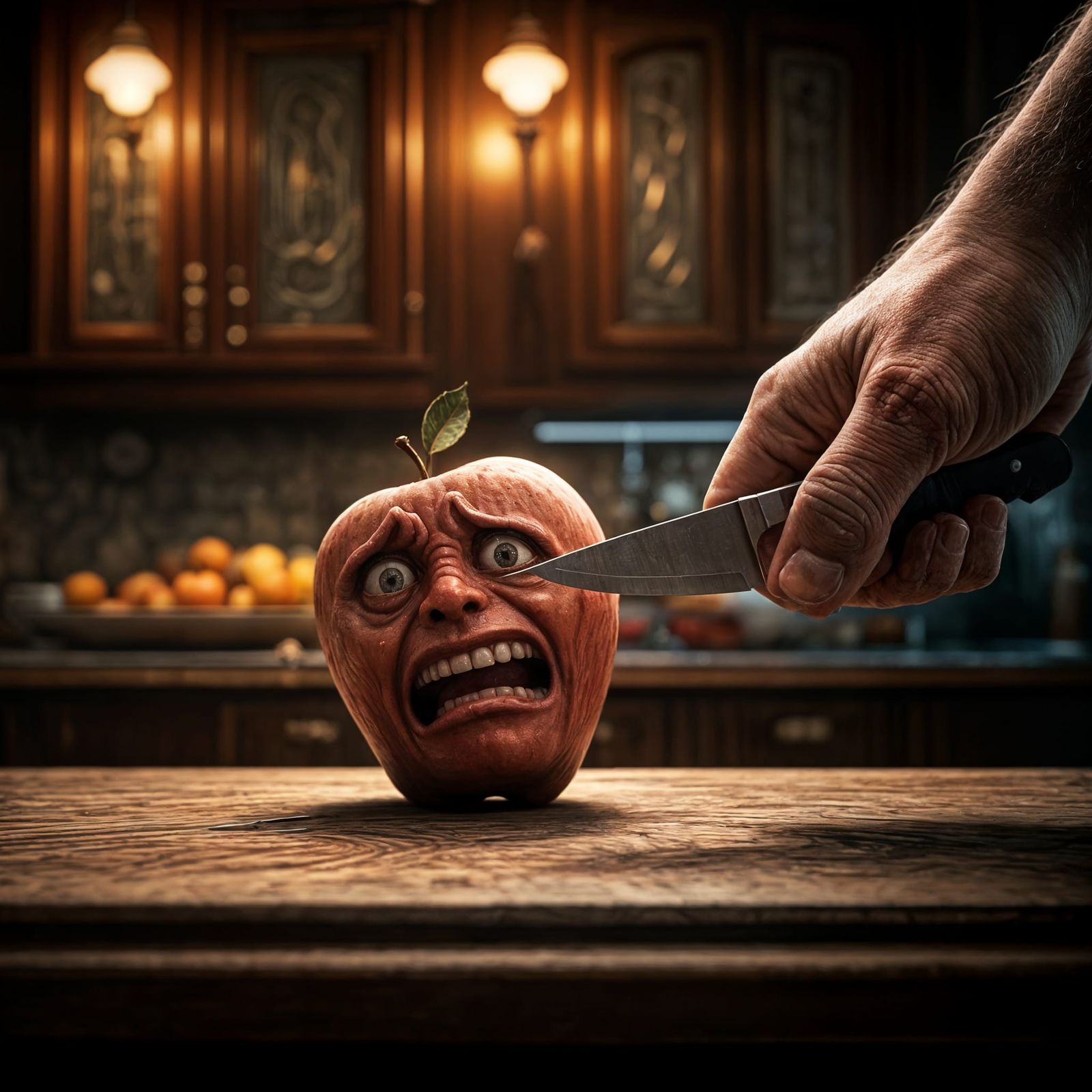 Surreal Apple Scene in a Haunting Kitchen