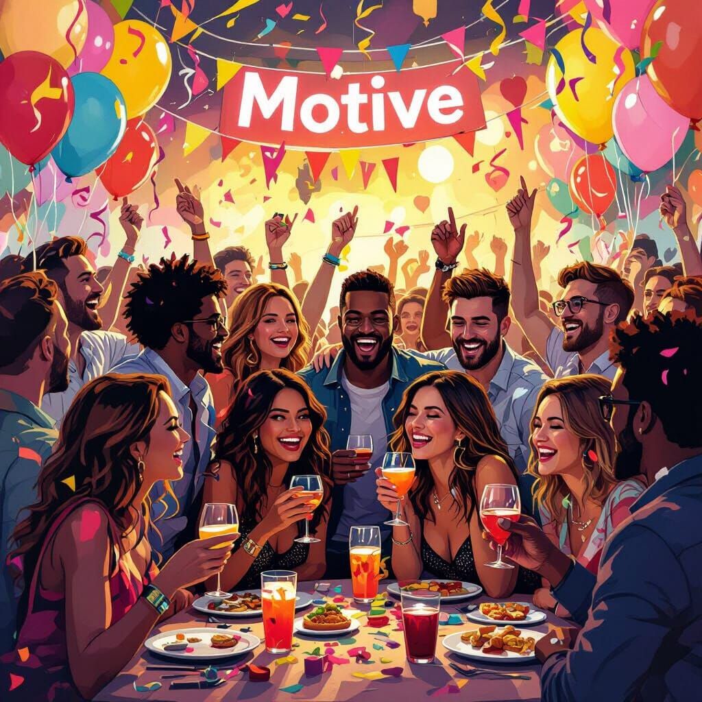 Vibrant Crowd Celebrates at Lively Party in Digital Art Styl...