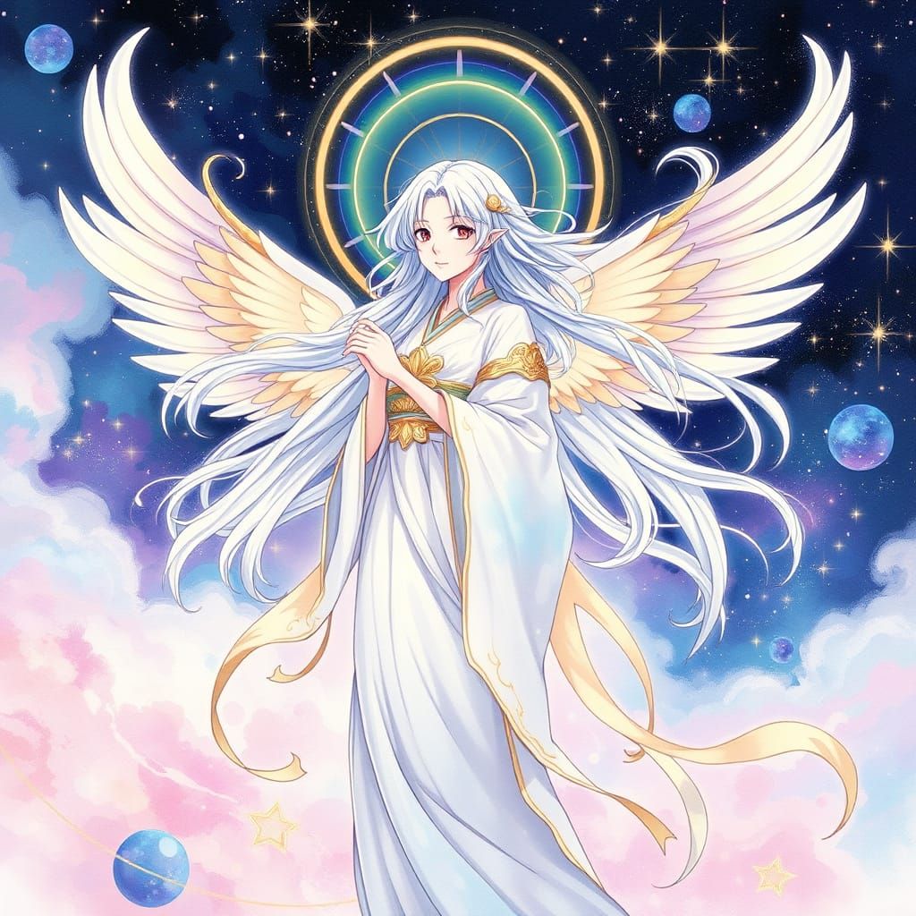 Celestial Goddess in Iridescent Kimono, Adorned with Stardus...