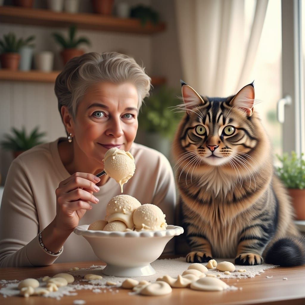 Anthropomorphic longhaired cat, eating ice cream in a cozy country kitchen, beside her human mommy<lora:Me:1.0> Both hav...