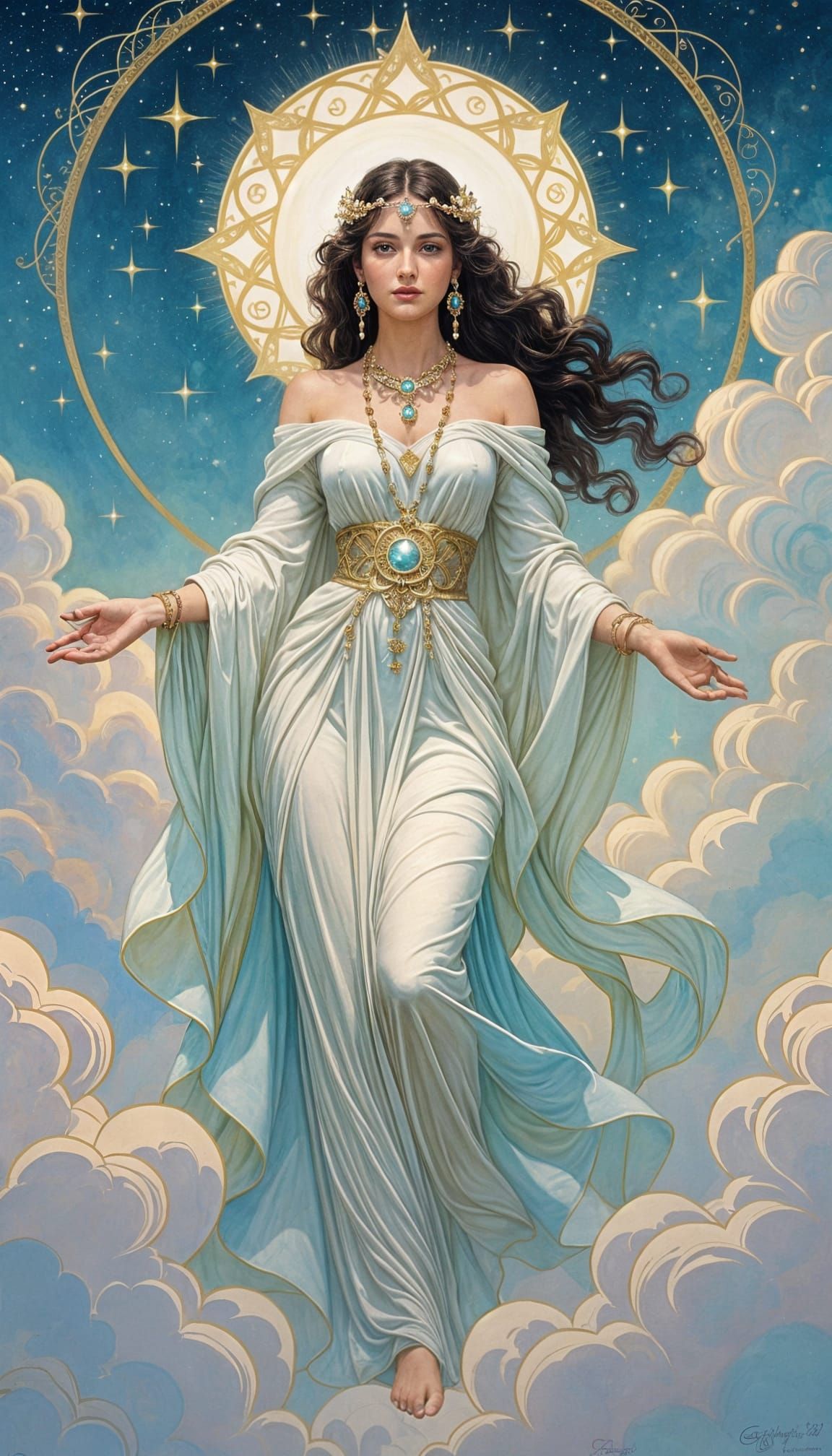 Celestial Sky Goddess Descends in Nouveau Pin-Up Style
