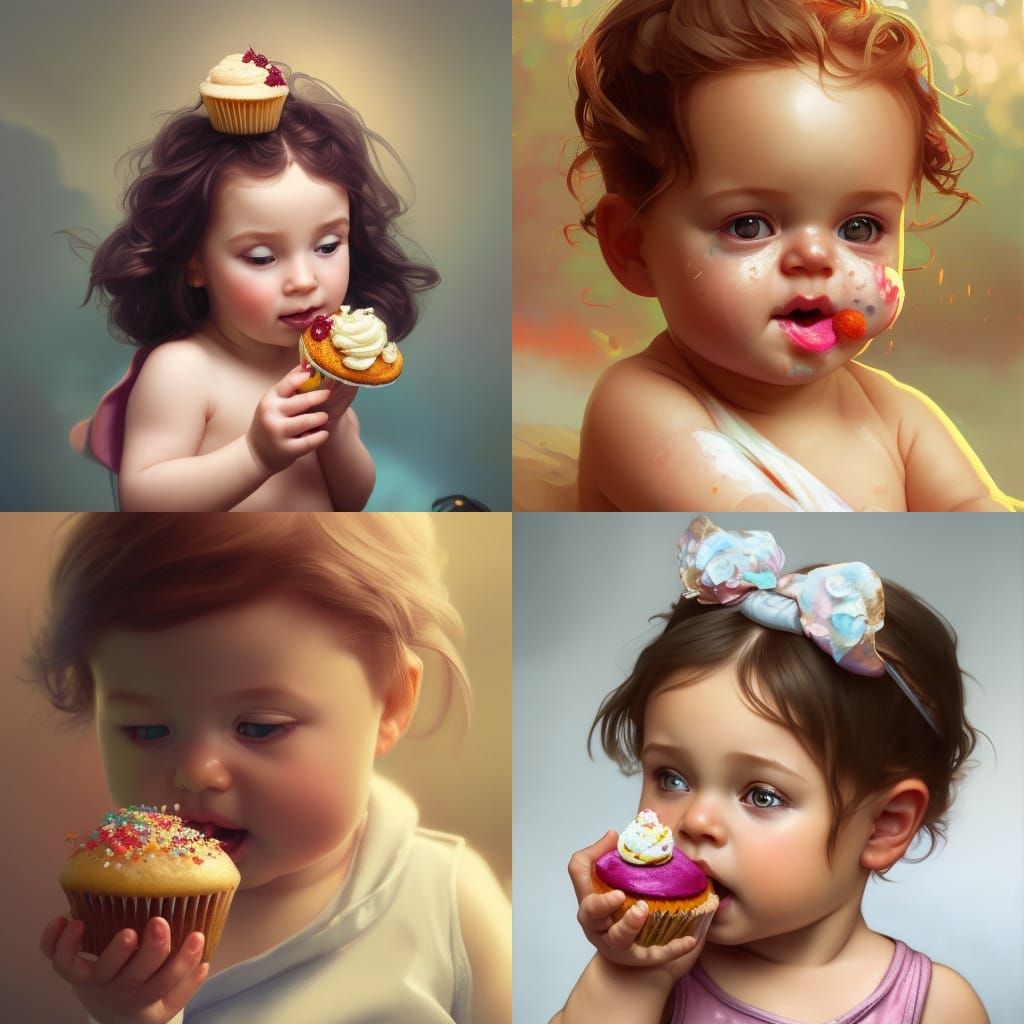 Adorable Baby Eating Cupcake Portrait in Hyperdetailed Style