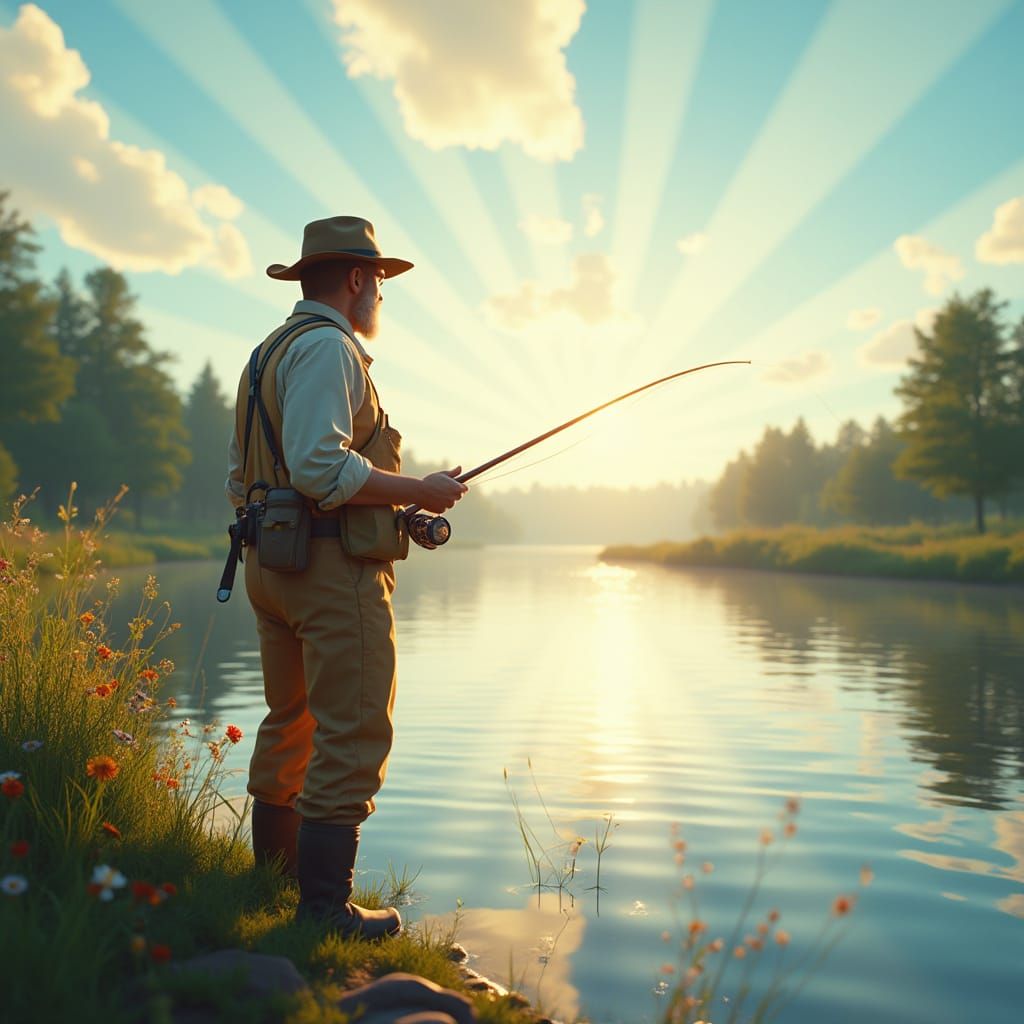 Serene Riverbank Scene with Fly Fisherman in Vibrant Colors