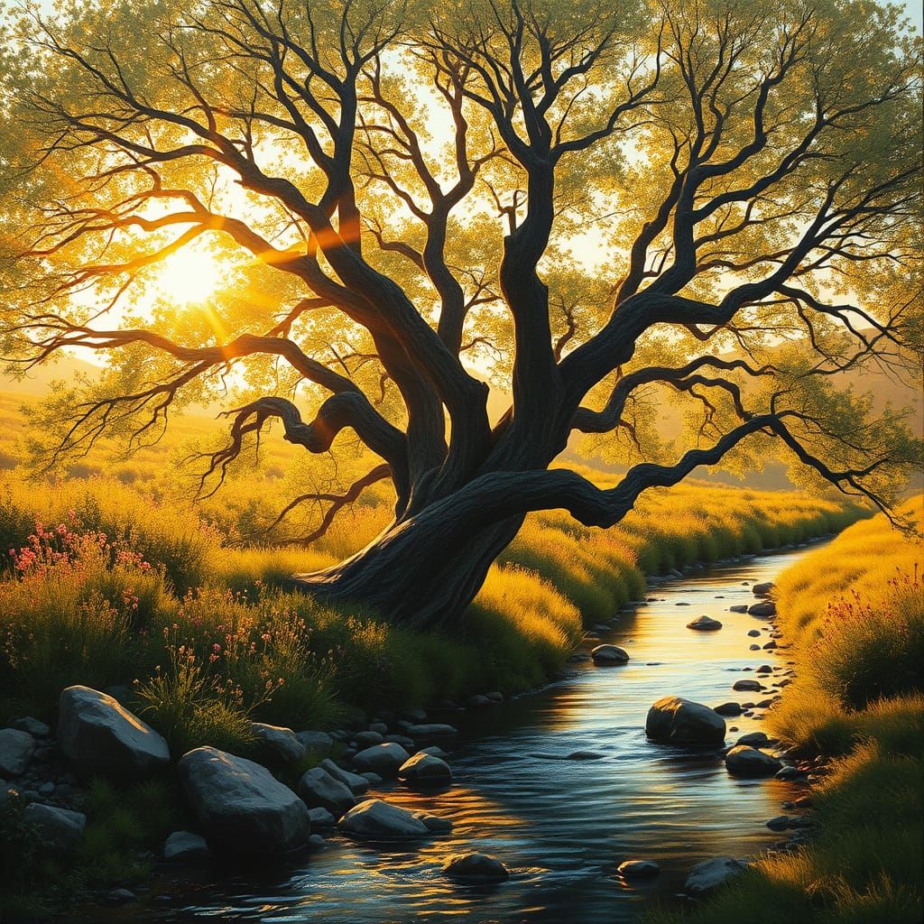 Golden Sunset Illuminates Ancient Tree Oil Painting
