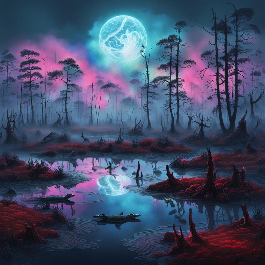 A swamp with a sinister, swirling blood mist rising out of the bog waters as alligators look on preparing to feast on th...
