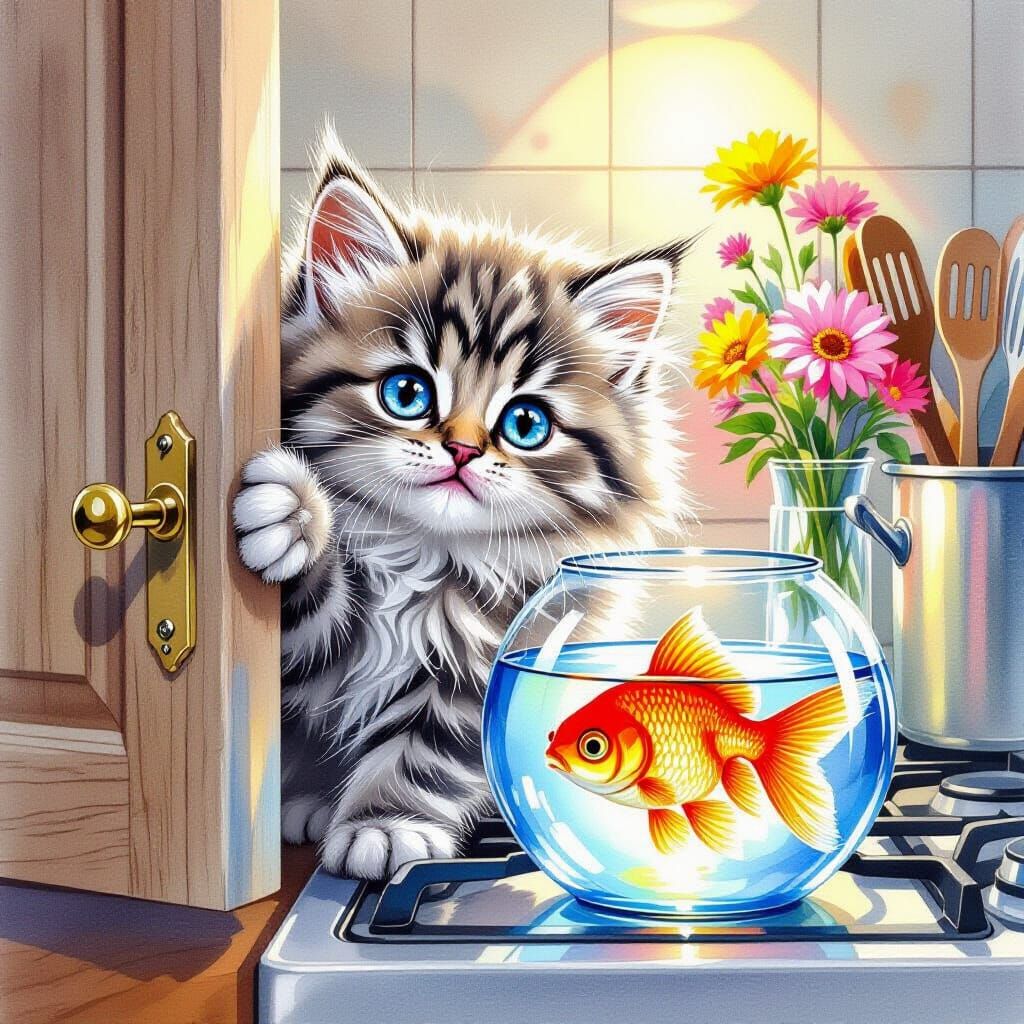 Fluffy Kitten Peeking, Bewildered Blue Eyes