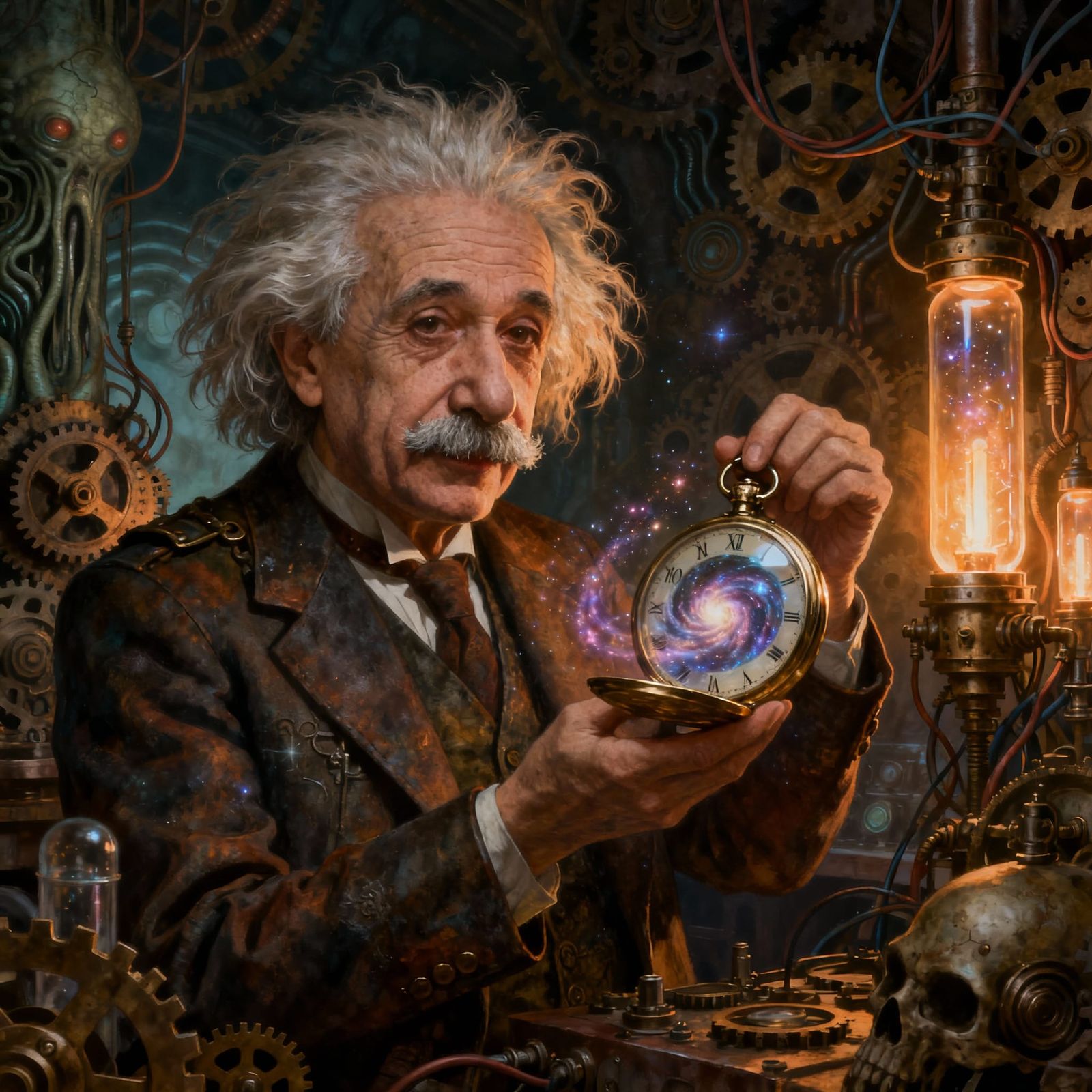 Albert Einstein in Steampunk Lab Holding Time-Warping Watch