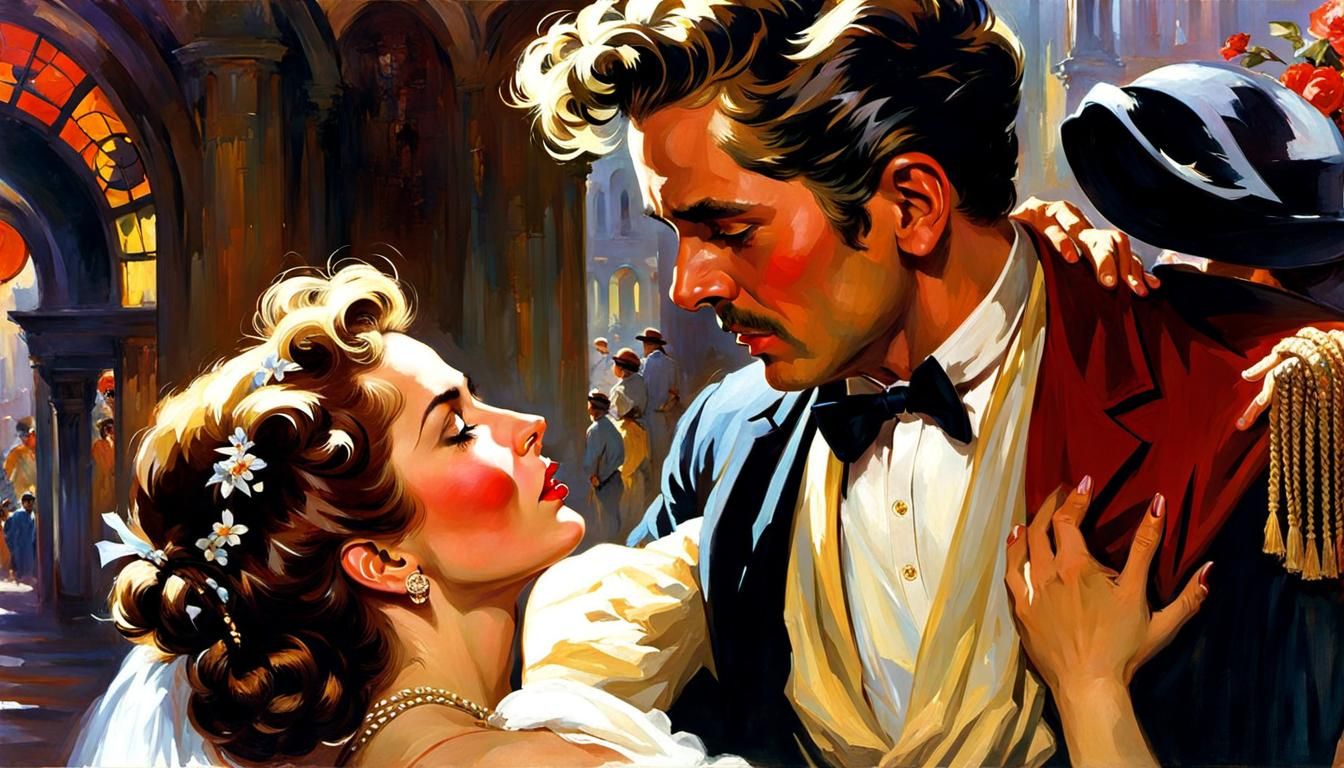 Romantic Embrace in Art Nouveau Style