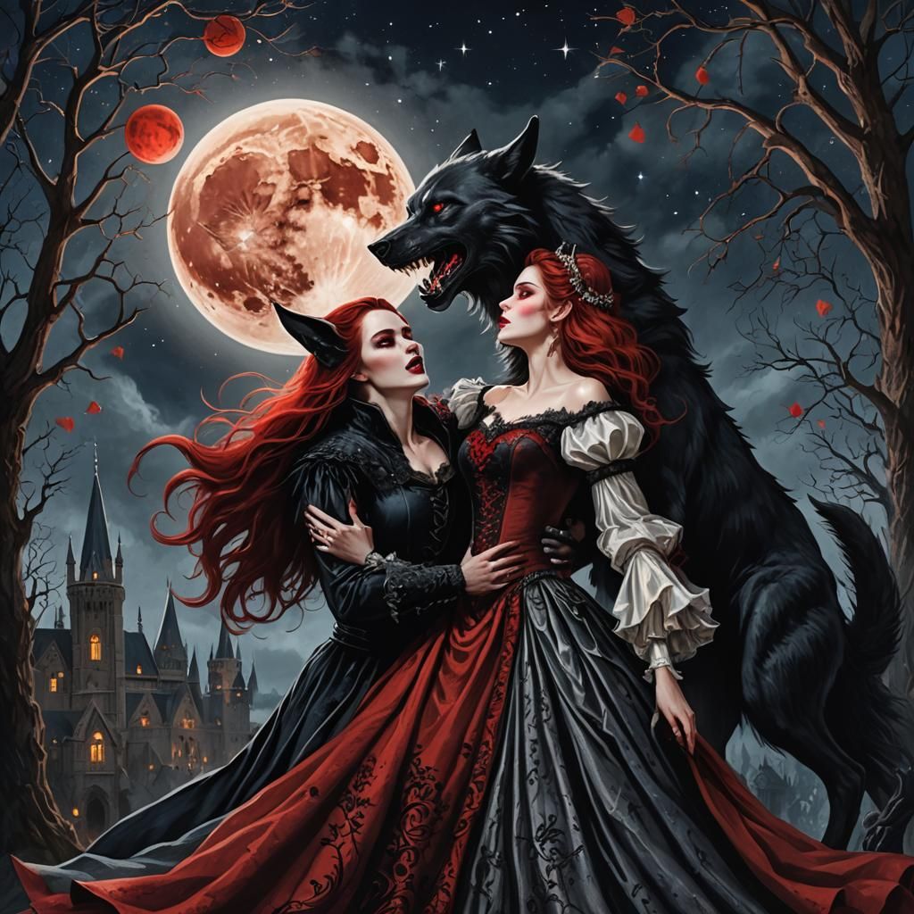 Gothic Romance: Werewolf and Woman Under Red Moon